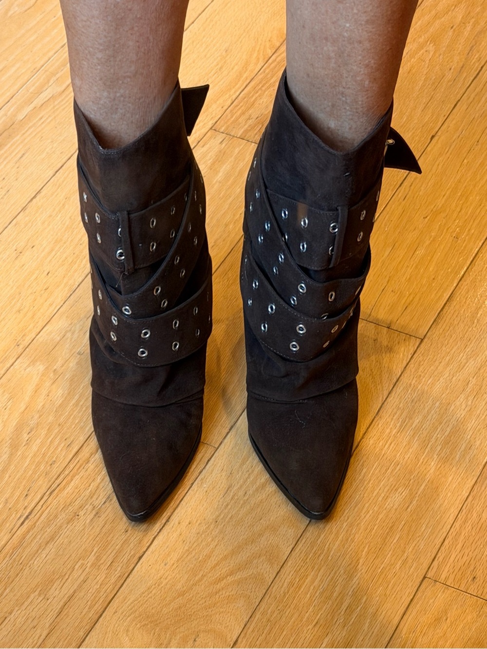 Women's Brown Suede Pointed-Toe Ankle Boots with Studded Straps